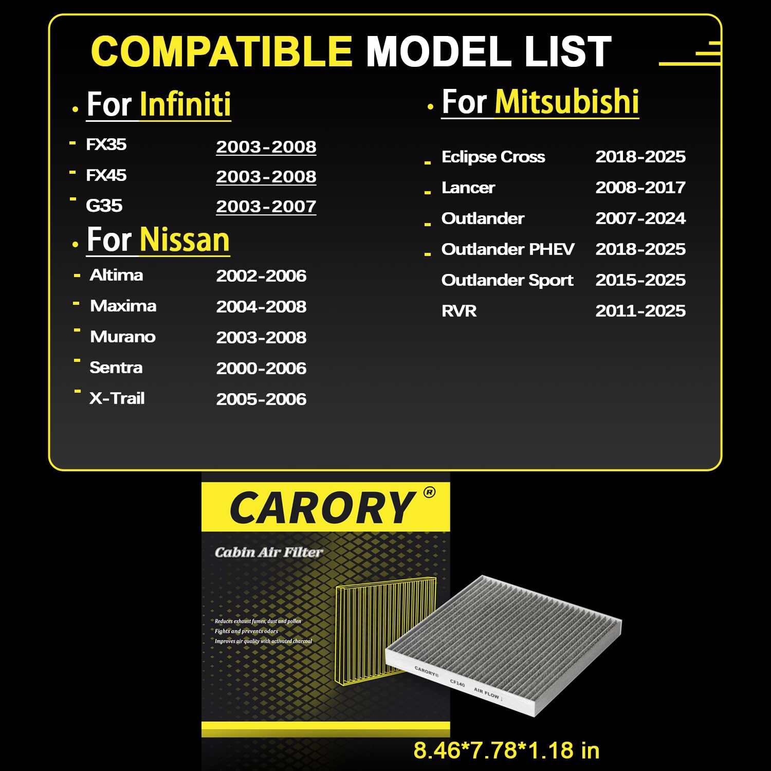 Cabin Air Filter w/Activated Carbon for Toyota Camry, Corolla, RAV4, Highlander, Lexus RX350, NX300, GX460, Subaru Legacy, Outback, Jaguar F-Pace, Land Rover Discovery, Range Rover and More